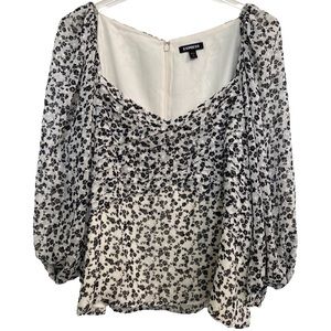 Express Black & White Floral Blouse Balloon Sleeves Back Zipper XL